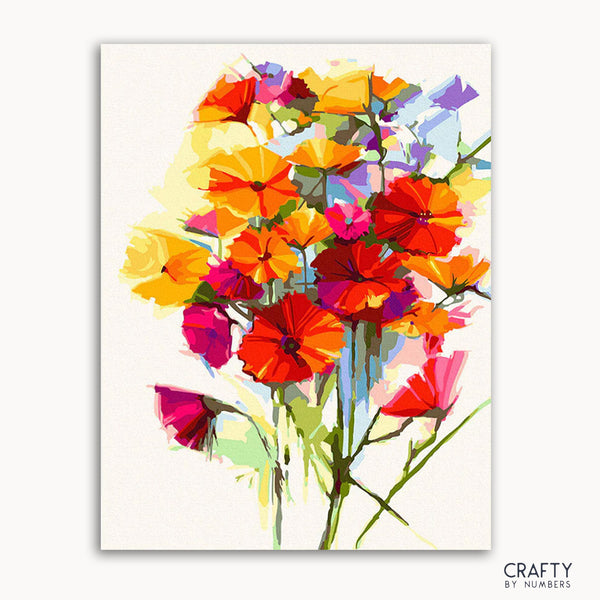 A vibrant, multicolored watercolor painting of a bouquet of flowers with the text 'CRAFTY by numbers' at the bottom.