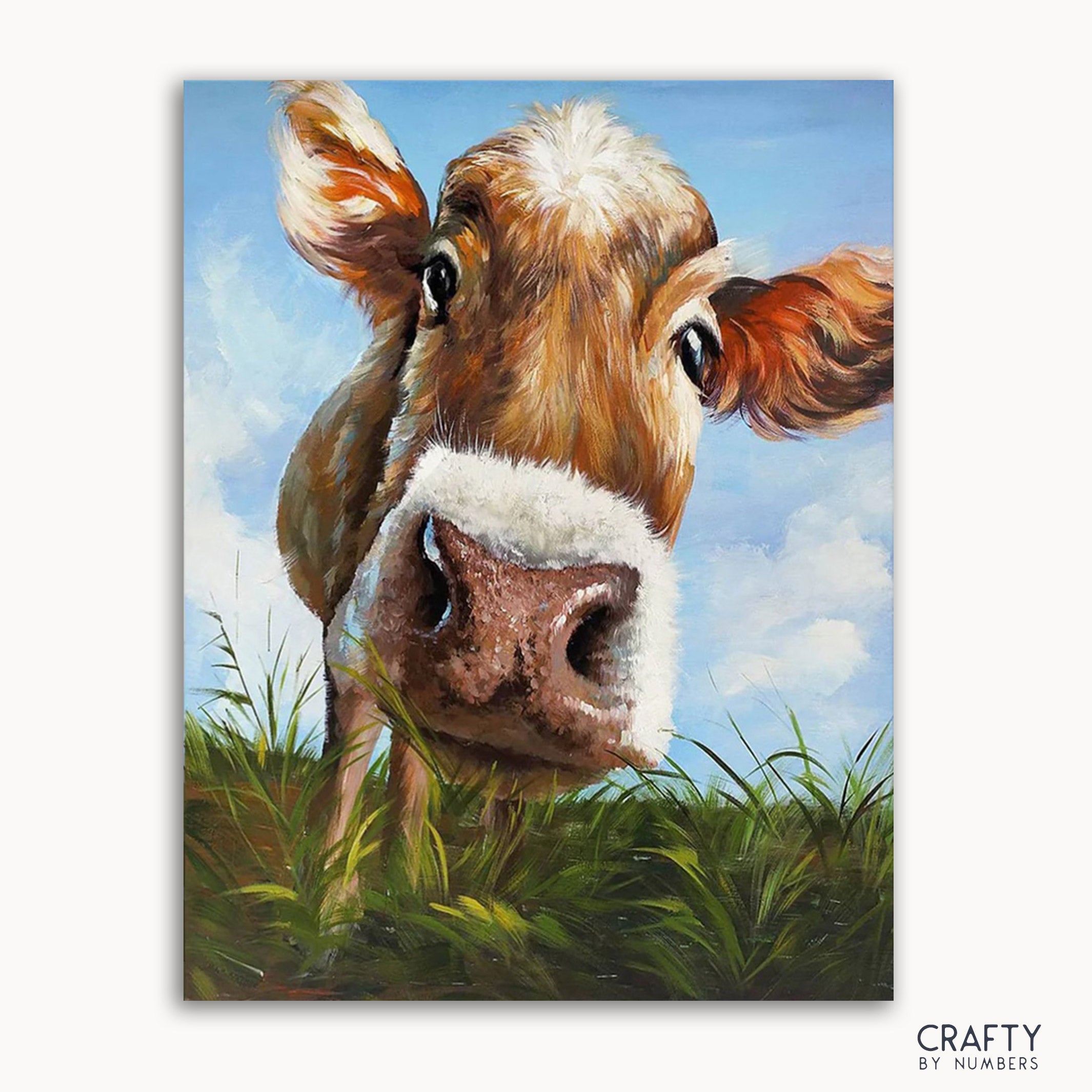A canvas painting of a cute cow with a humorous expression, set against a blue sky and green grass background.