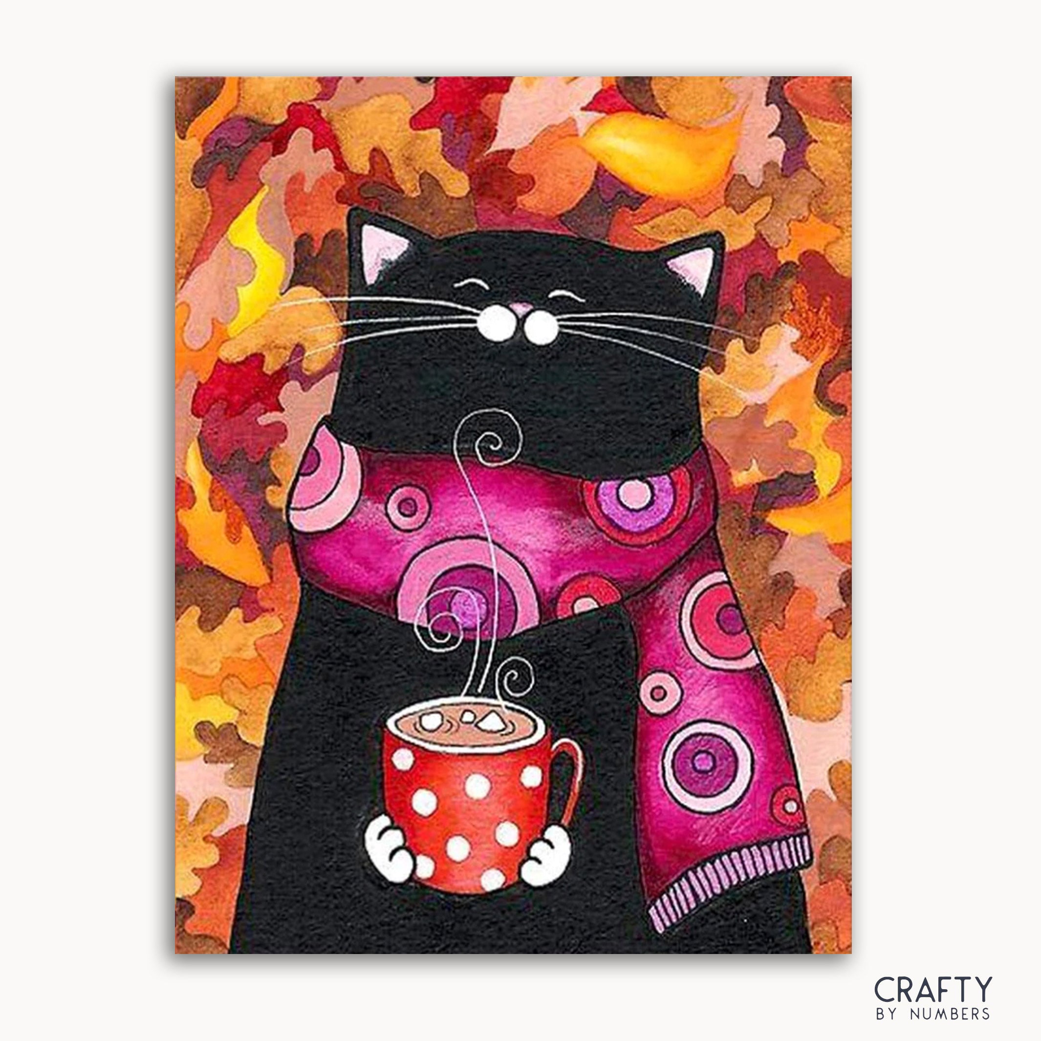 A painting of a black cat holding a red cup with marshmallows, standing against a background of autumn leaves.