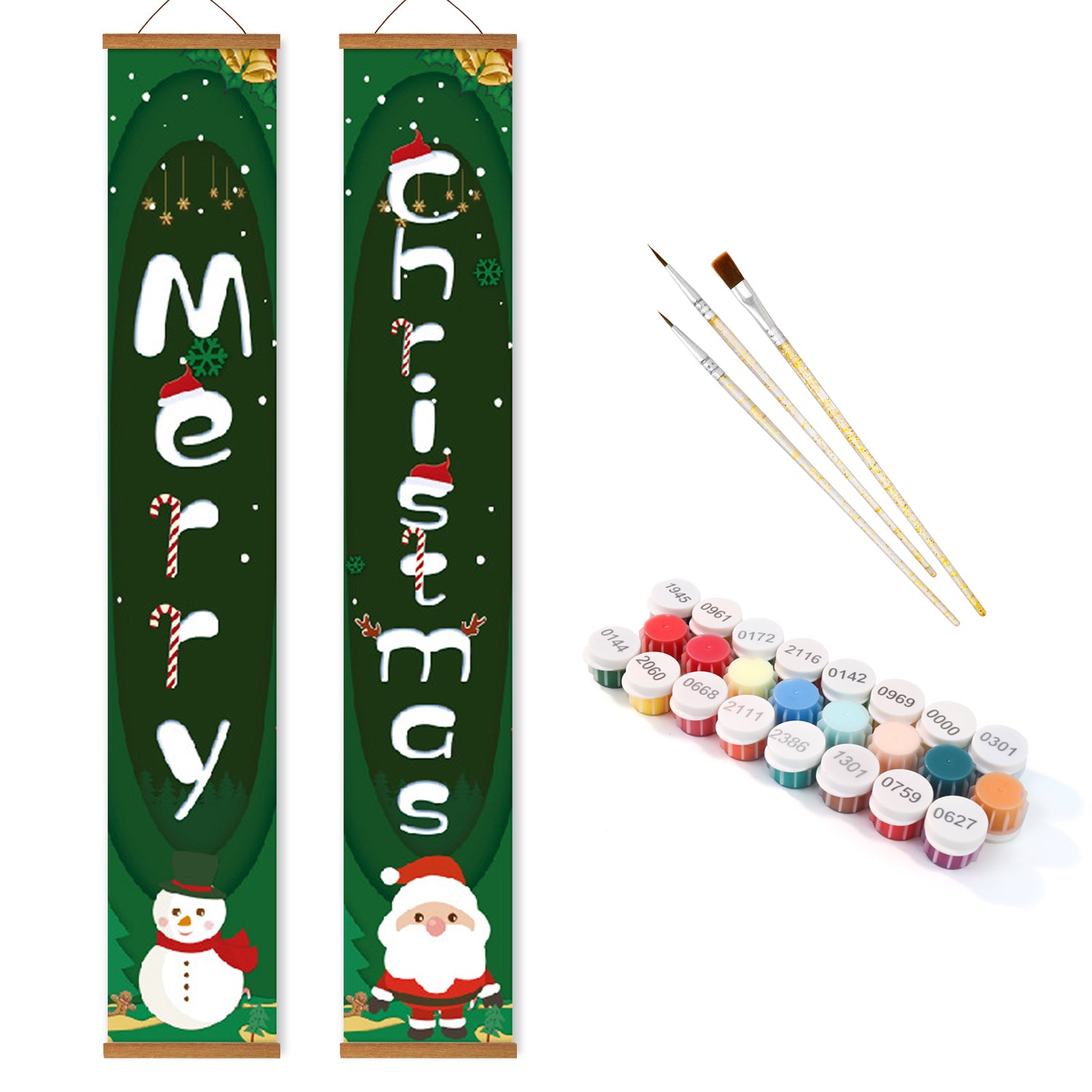 Christmas-themed decorative banners with paint supplies on a white background