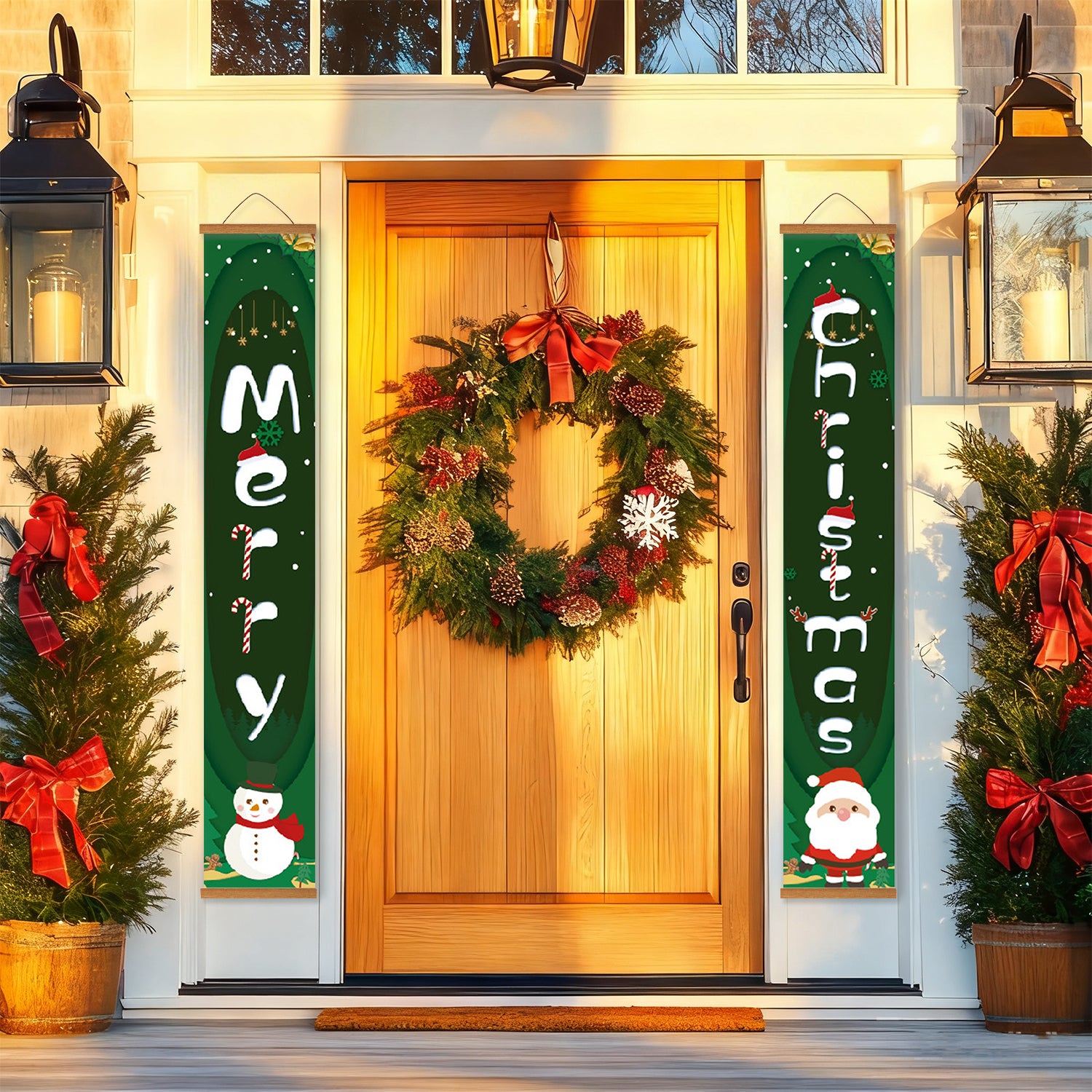 Decorative Christmas wreath on a door with festive banners and potted trees.