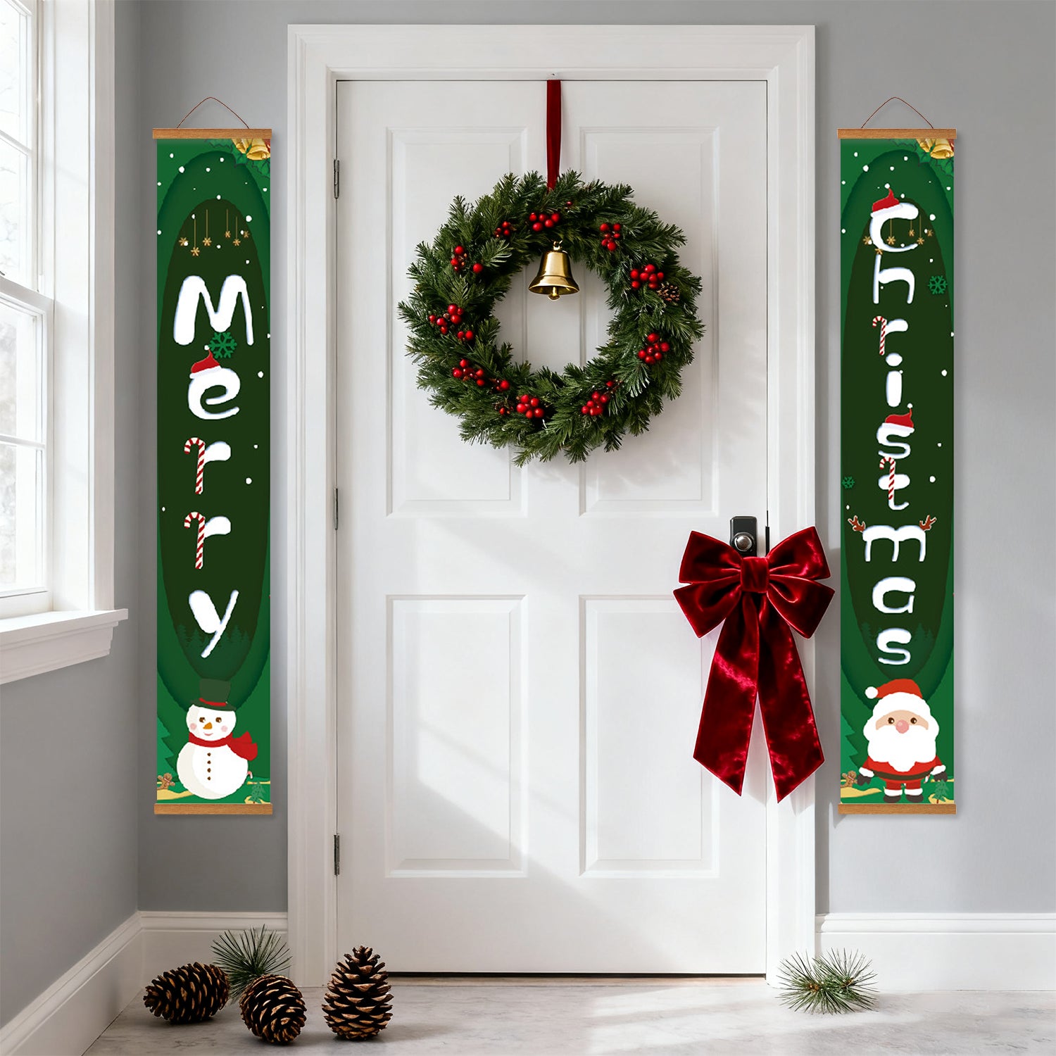 Decorative Christmas wreath with a red bow on a white door, flanked by festive vertical signs.