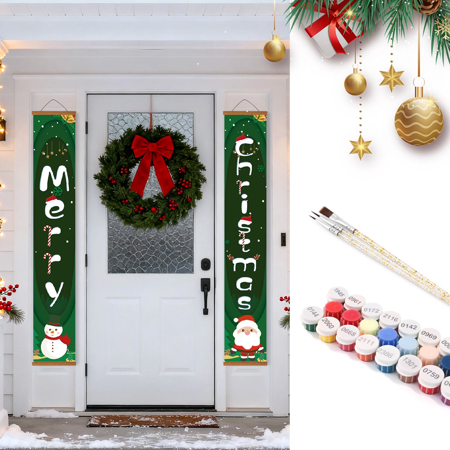 Vertikale Banner mit Weihnachtsmotiven, Kranz und Dekorationen an einer Tür, in der Ecke Farbdosen und Pinsel.