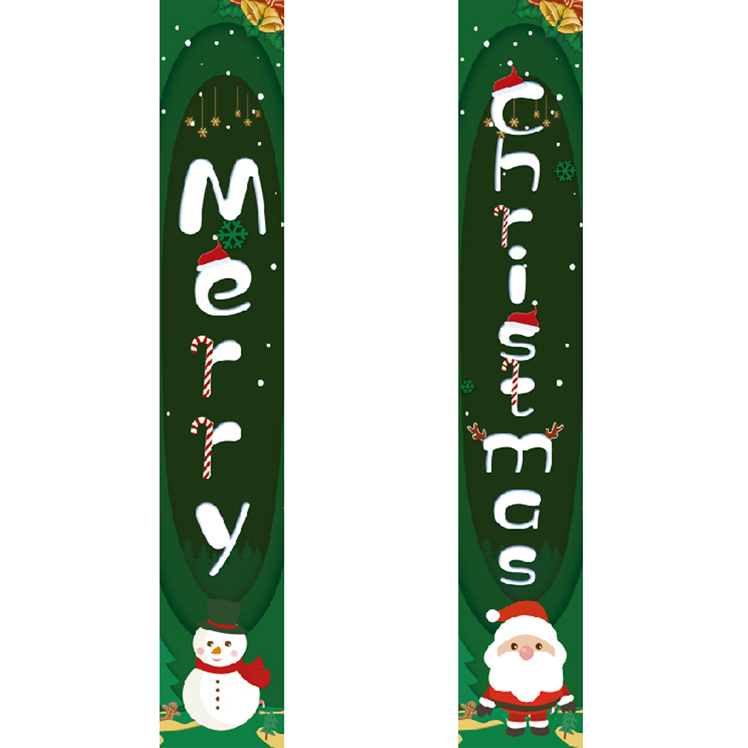 Two Christmas-themed bookmarks with decorative text and characters on a green background.
