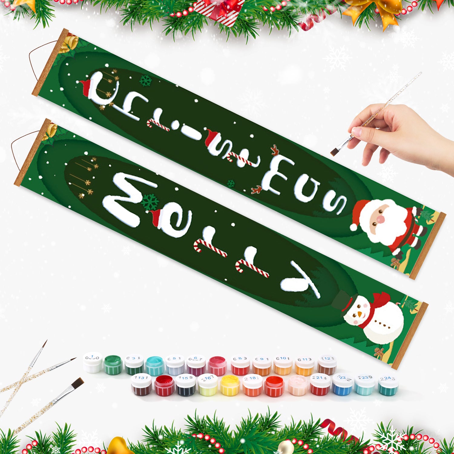 Weihnachtsbanner mit Farbdosen und Pinseln auf weißem Hintergrund