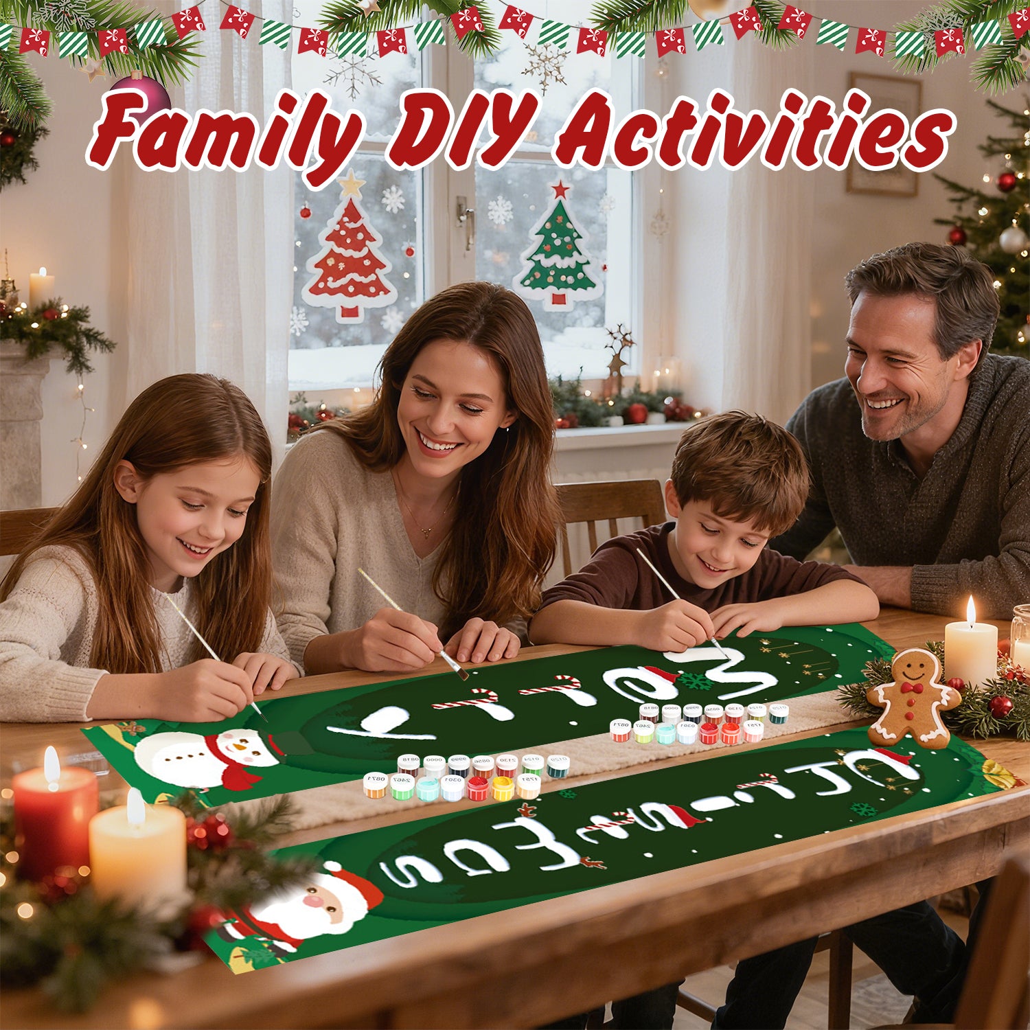 Familie beteiligt sich an einer DIY-Weihnachtsaktivität an einem Tisch mit festlicher Dekoration.