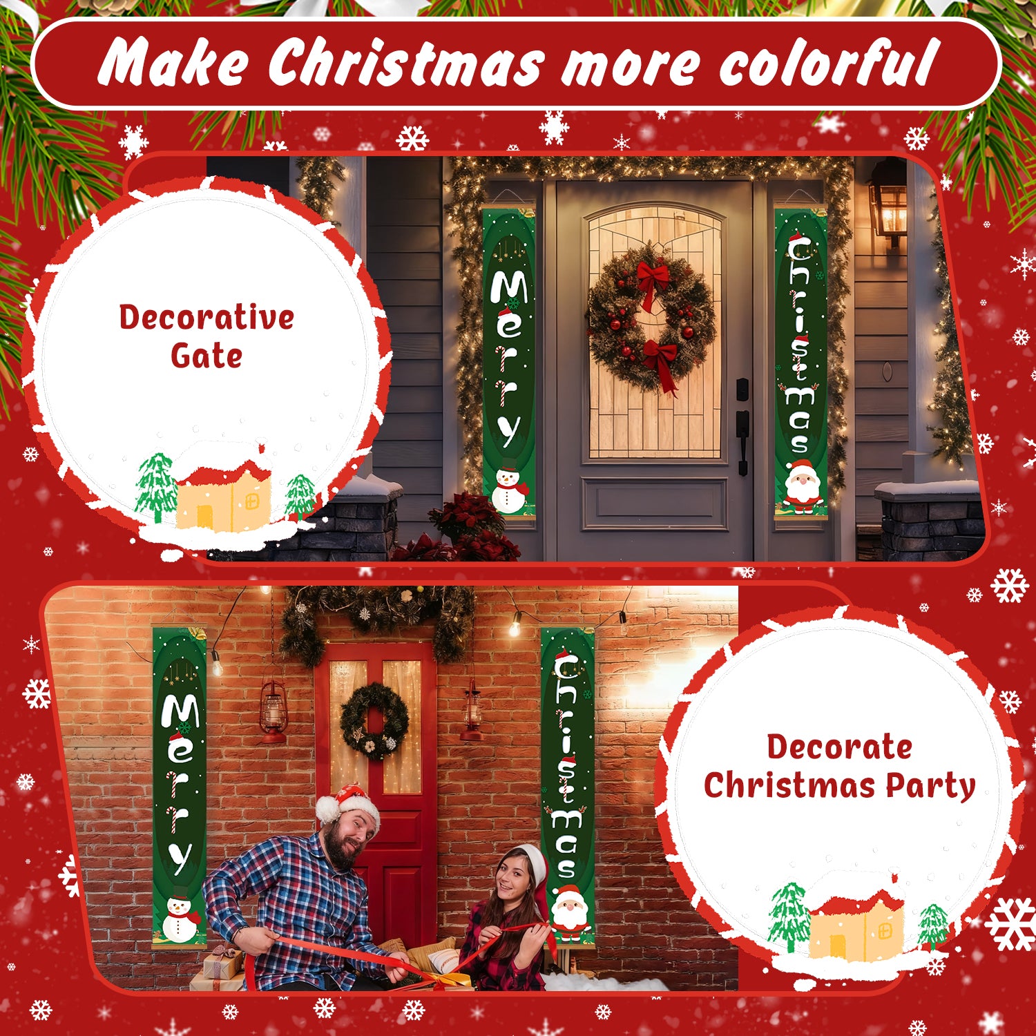 Decorative Christmas gate with festive decorations and text on a red border.