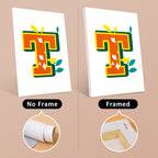 Comparison of a colorful letter 'T' design on paper with and without a frame.