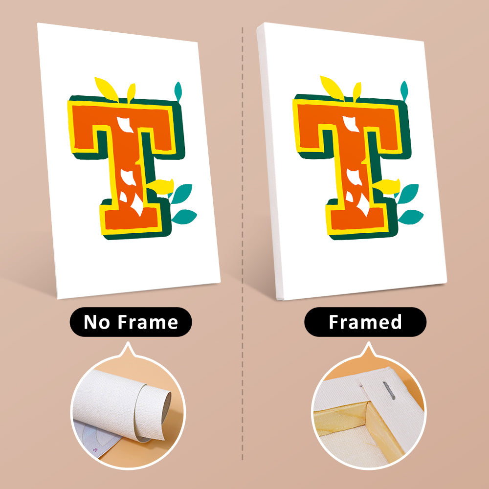 Comparison of a colorful letter 'T' design on paper with and without a frame.