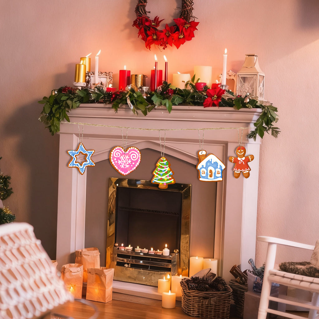 Decorated fireplace with Christmas lights and candles, surrounded by festive decorations.