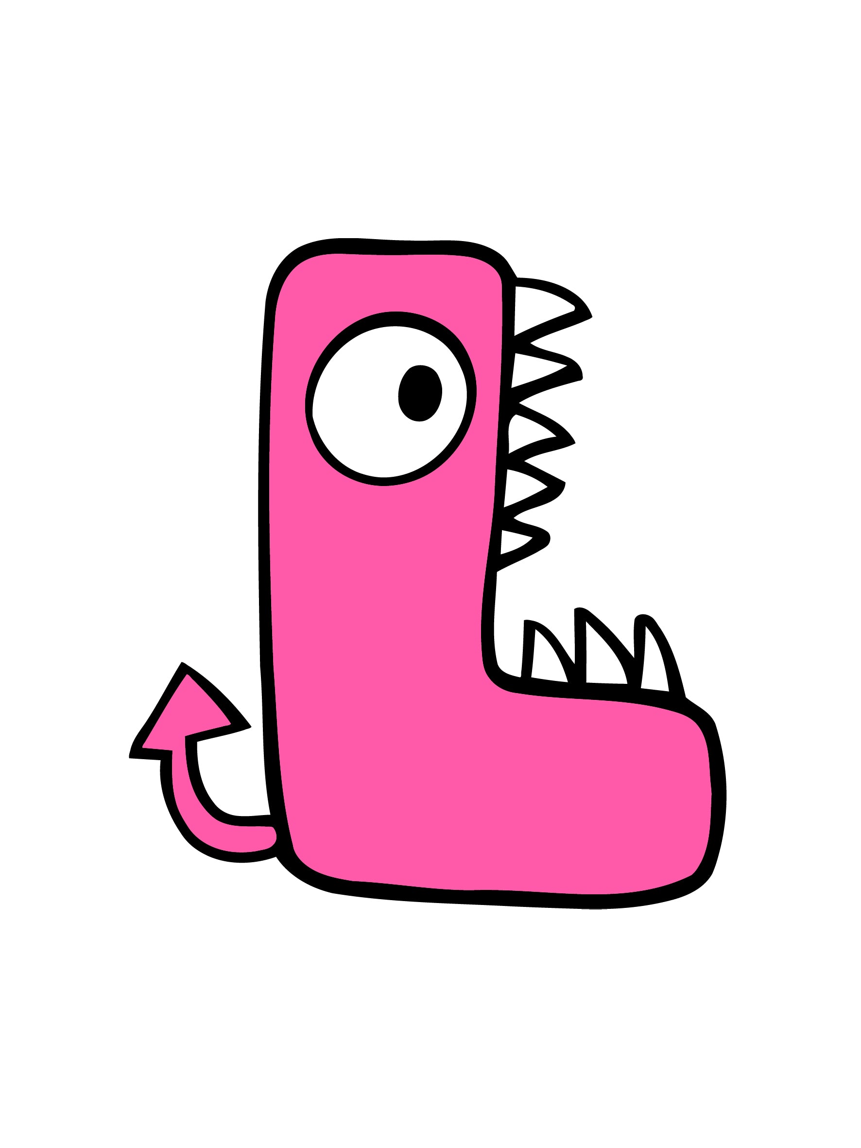 Pink cartoon character with a single eye and sharp teeth on a white background