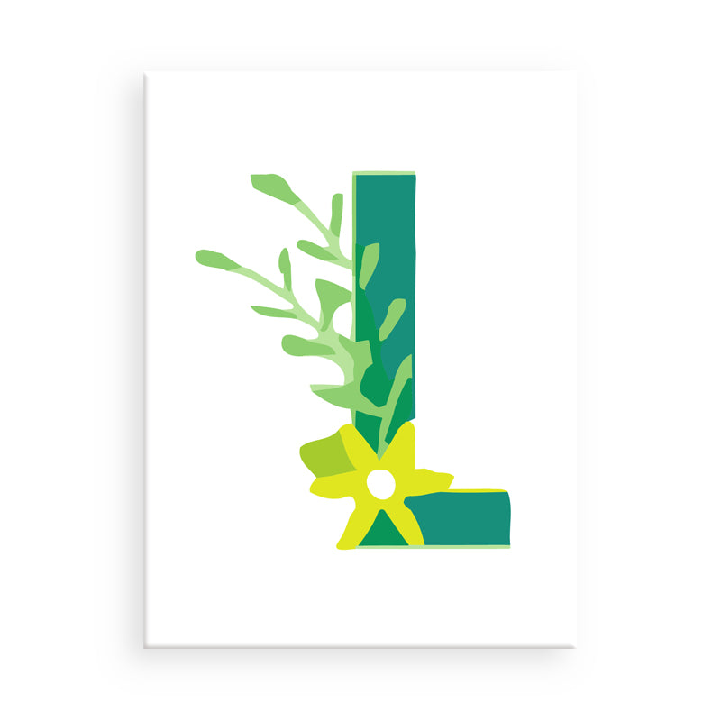 Letter 'L' with green leaves and a yellow flower on a white background