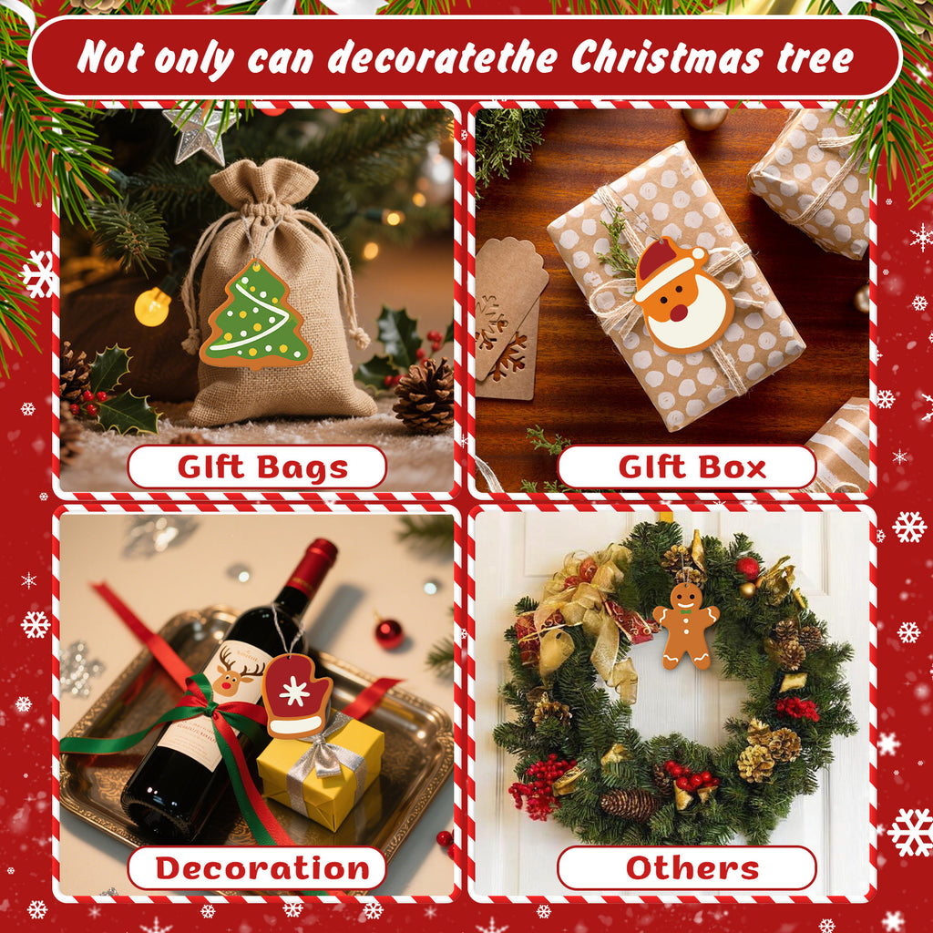Collage of Christmas-themed gift bags, box, and decorations with festive text.