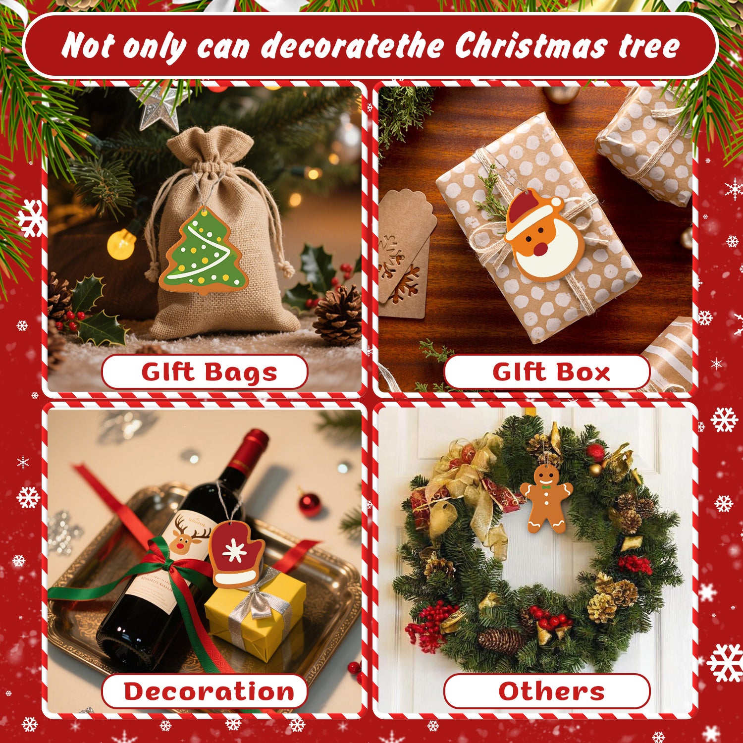 Collage de sacs-cadeaux, de boîtes et de décorations sur le thème de Noël avec un texte festif.