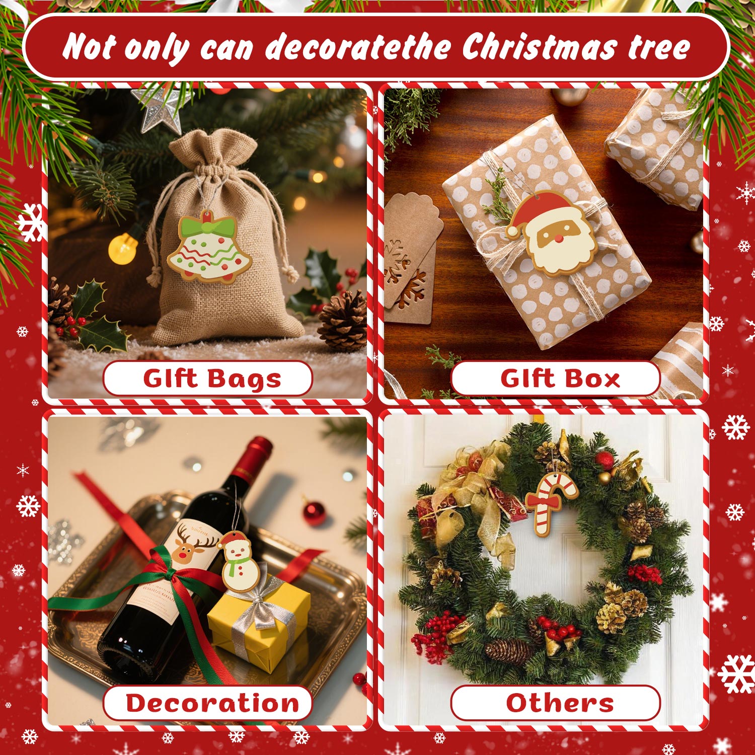 Collage de bolsas, cajas y adornos de regalo navideños con texto y borde festivos.