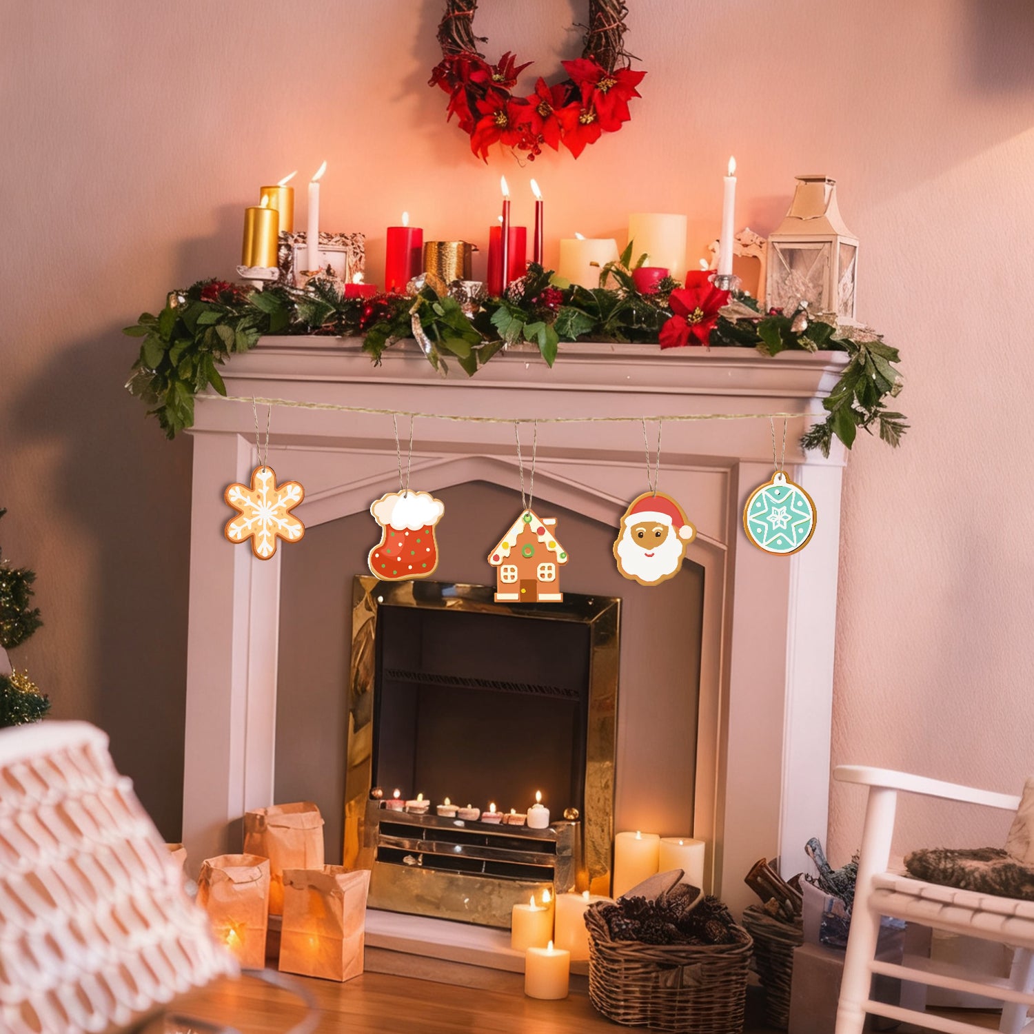 Decorated fireplace with Christmas lights, candles, and ornaments in a cozy living room.
