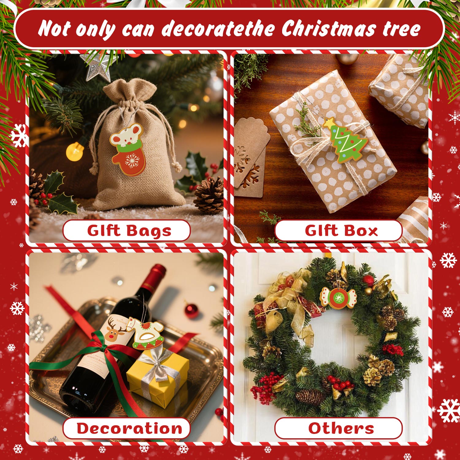 Collage of Christmas gift bags, box, and decorations with text overlay.