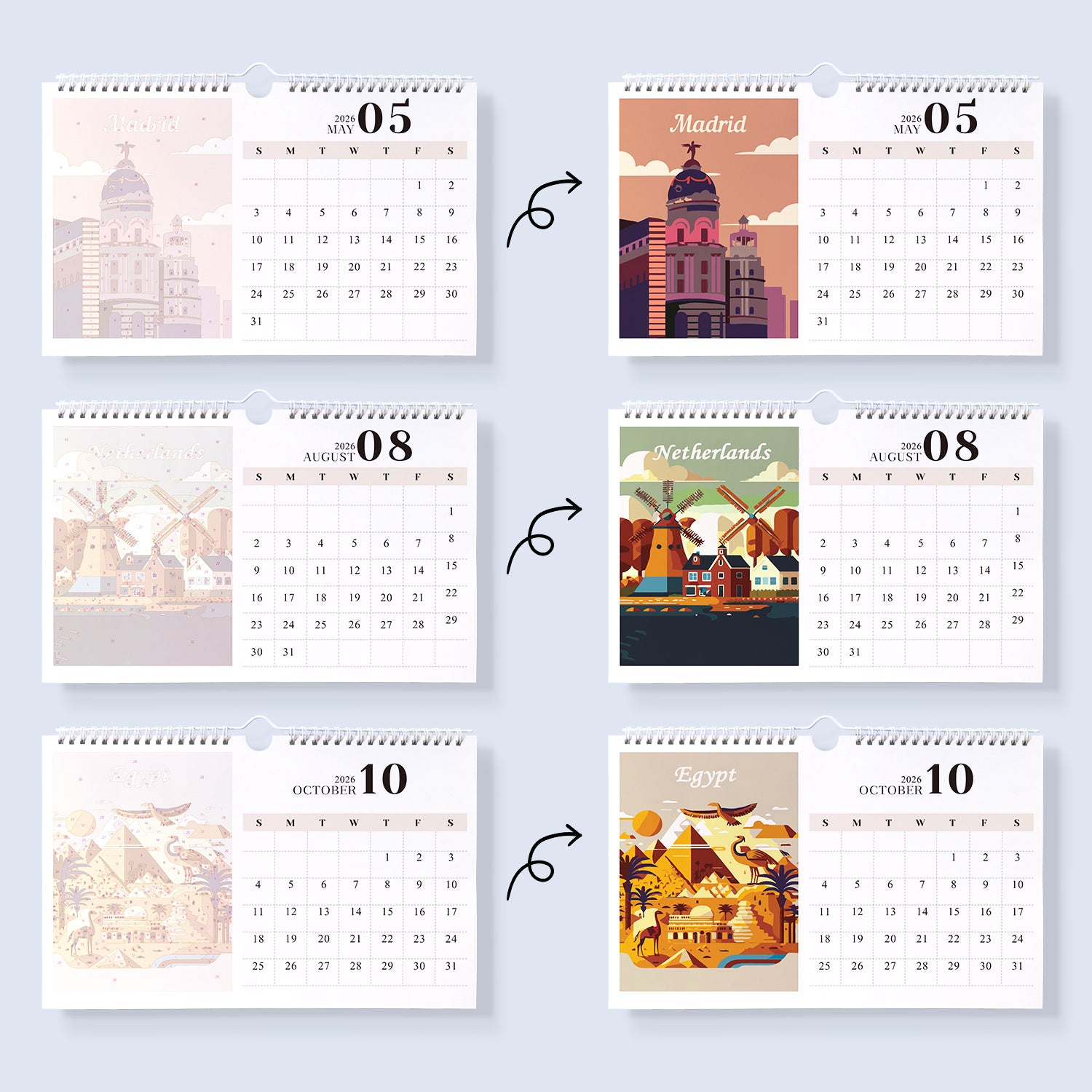 Set of six wall calendars with different designs and months on a light blue background