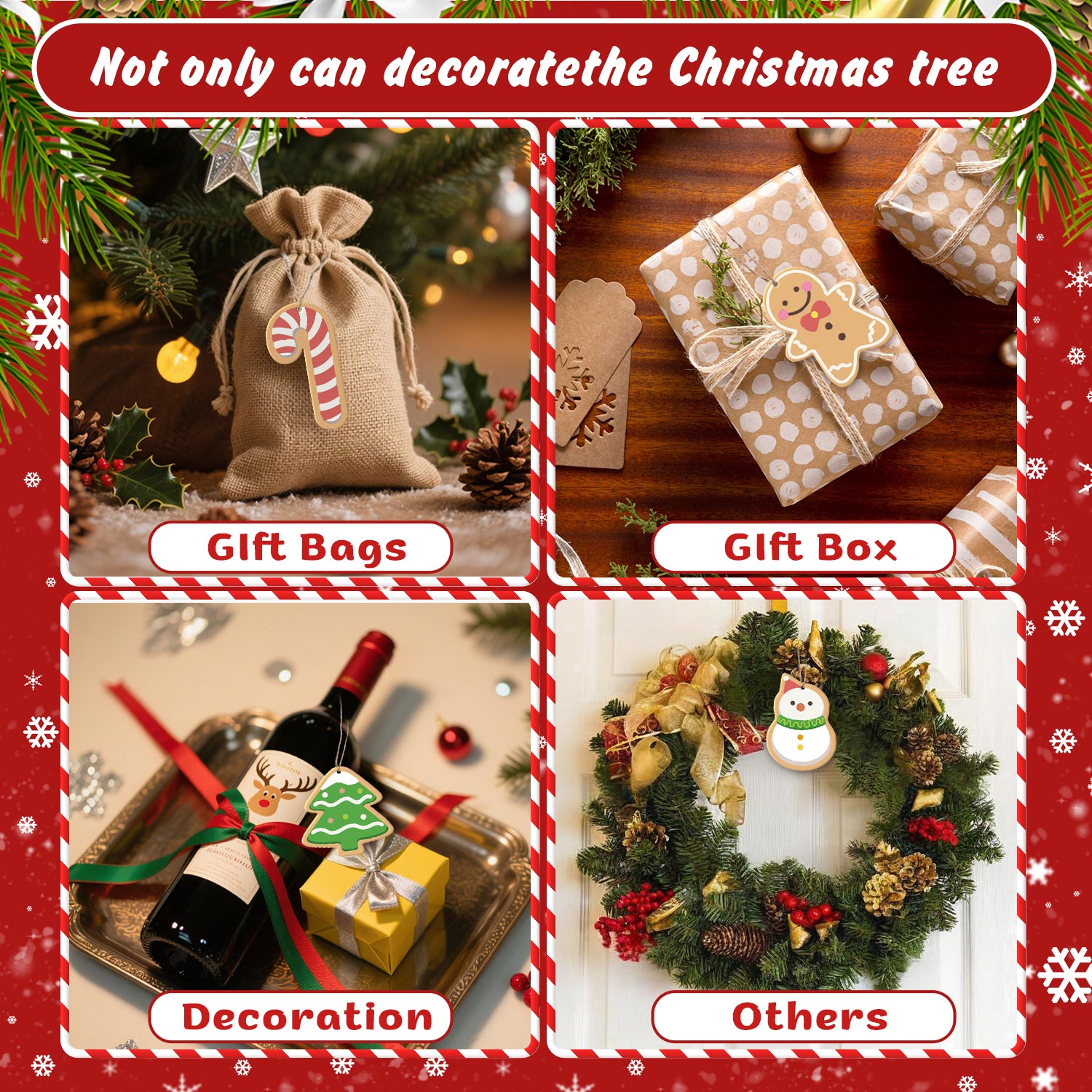 Collage de bolsas, cajas y adornos de regalo navideños con texto festivo.