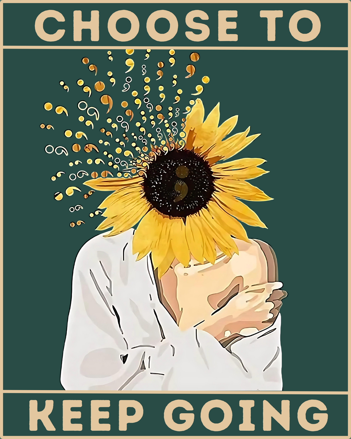 Une image de kit de peinture par numéros représentant une personne avec une tête de tournesol et le texte « CHOOSE TO KEEP GOING » en haut.