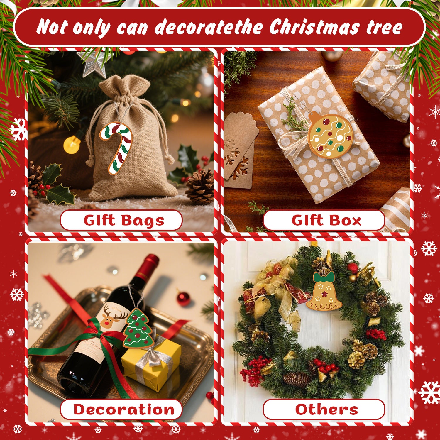 Collage of Christmas gift bags, box, and decorations with text overlay on a festive red border.