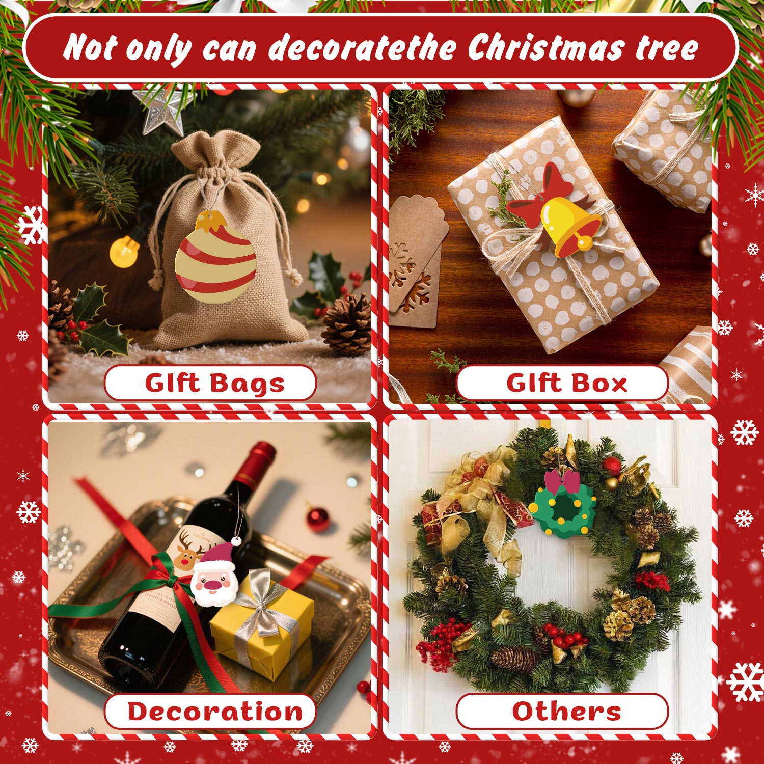 Collage of Christmas gift bags, box, and decorations with festive text and border.