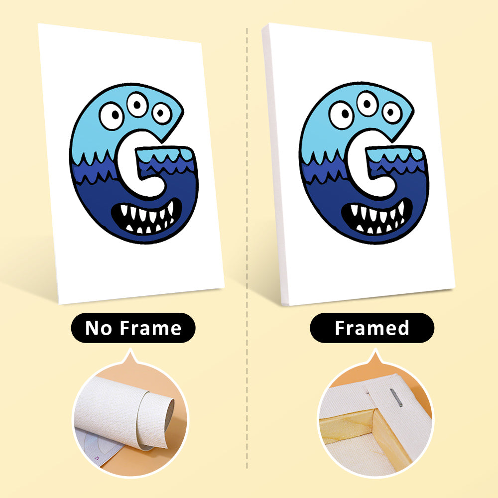 Two canvas prints of a stylized letter 'G' with blue and white design on a beige background, one without a frame and one with a frame.