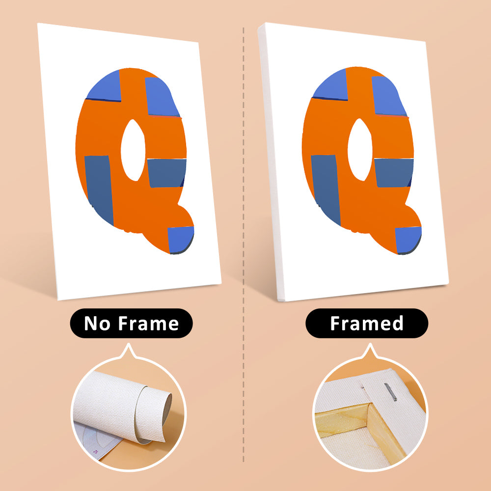 Comparison of a colorful letter 'Q' design on paper with and without a frame on a beige background.