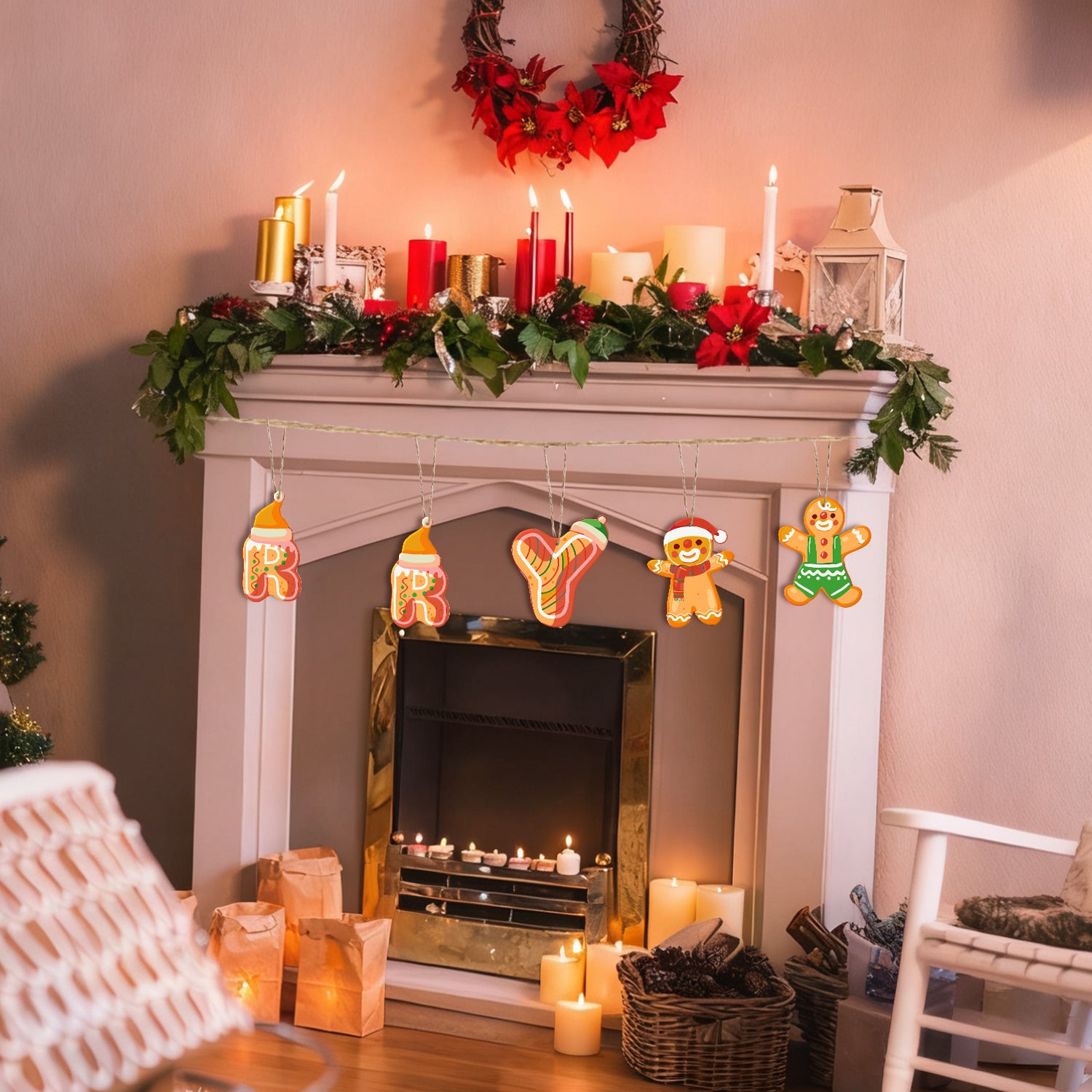 Decorated fireplace with Christmas lights, candles, and a wreath.
