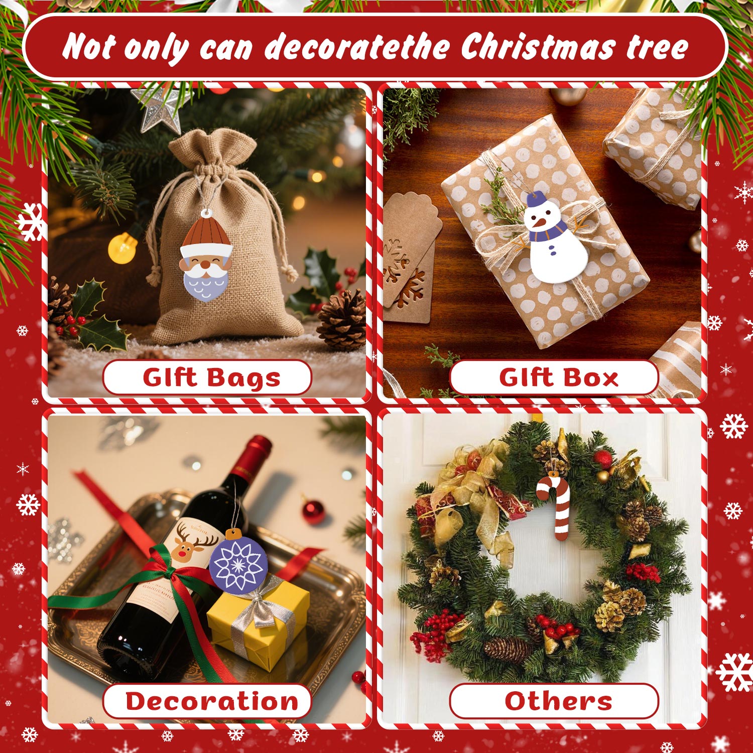 Collage of Christmas gift bags, box, and decorations with festive text.