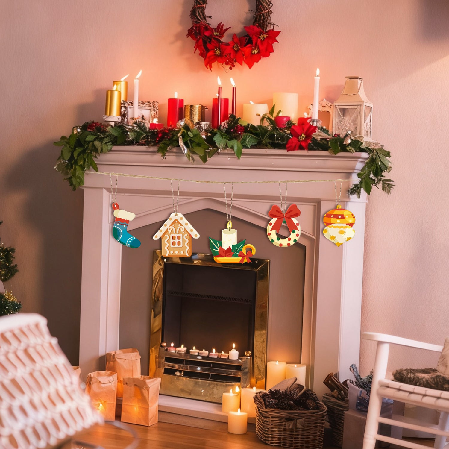Decorated fireplace with Christmas mantel and decorations in a cozy living room.