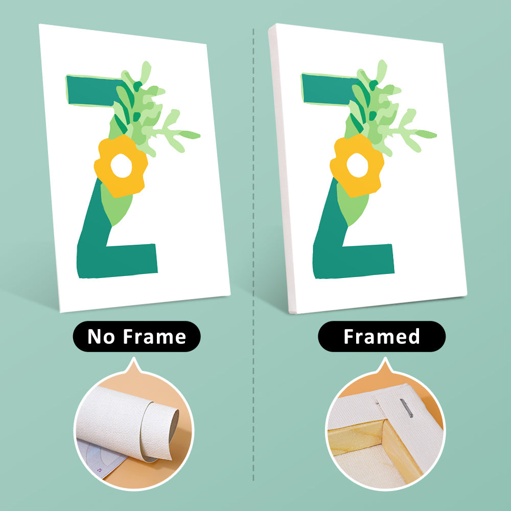 Comparison of a decorative letter 'Z' with and without a frame on a light green background.