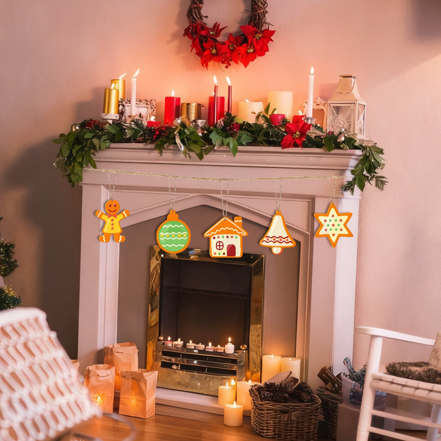 Decorated fireplace with candles, garlands, and Christmas ornaments in a cozy room.