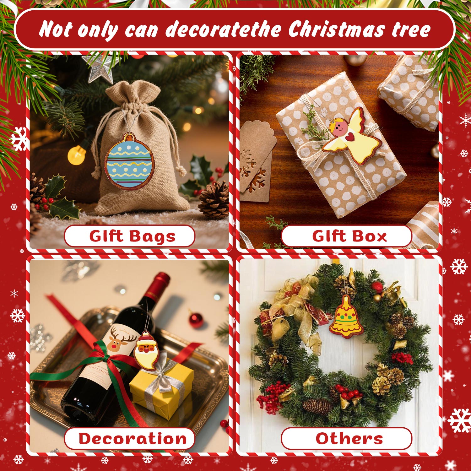 Collage of Christmas gift bags, box, and decorations with festive text and border.