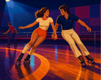 A couple roller skating together across a colorful wooden rink.