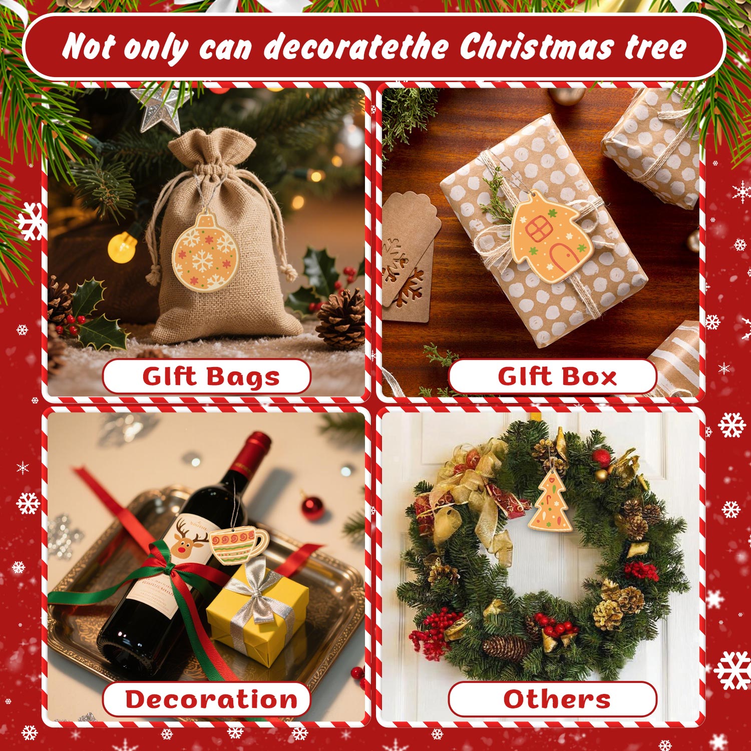 Collage de sacs-cadeaux de Noël, de boîtes et de décorations avec texte et bordure festifs.