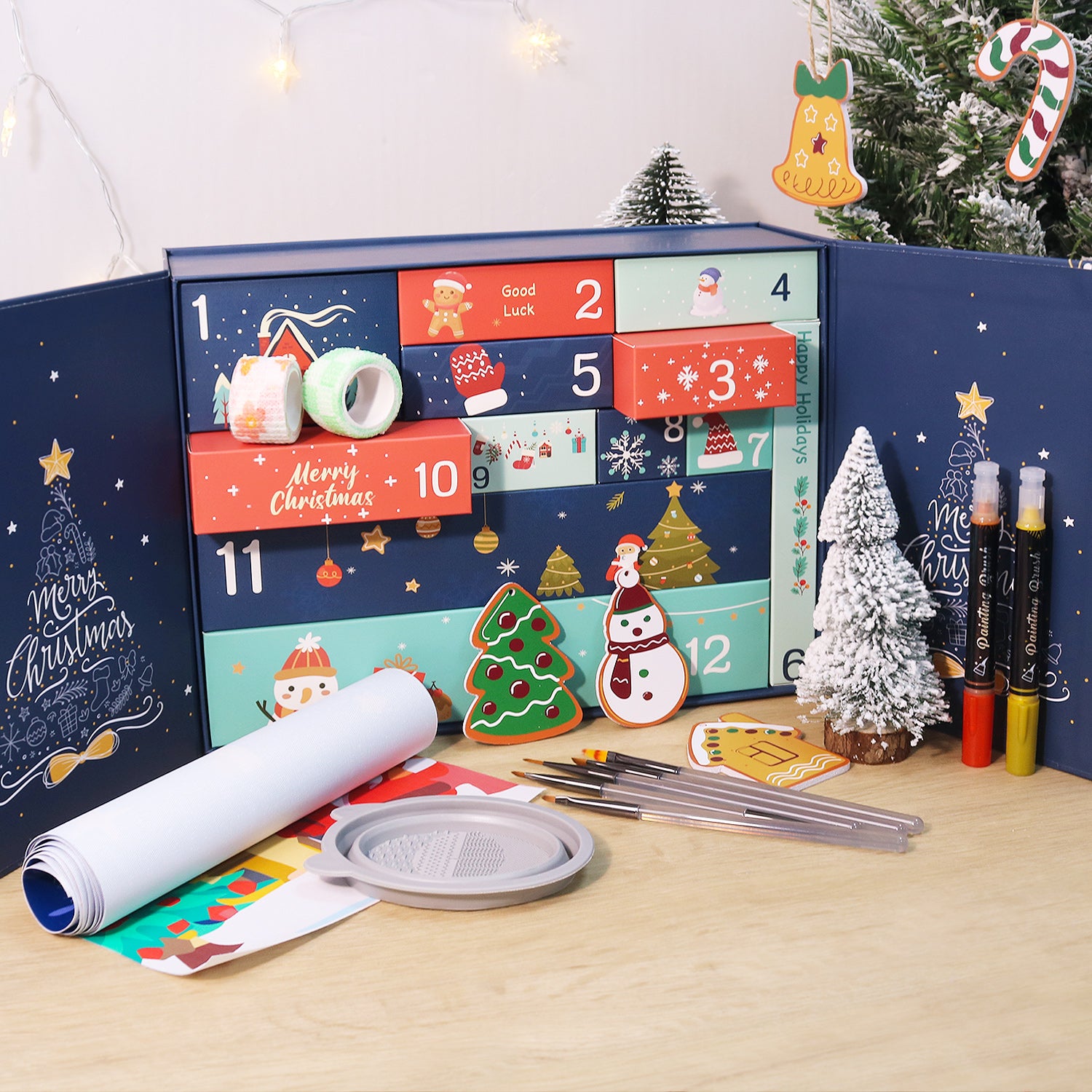 Advent calendar with Christmas-themed items on a wooden surface