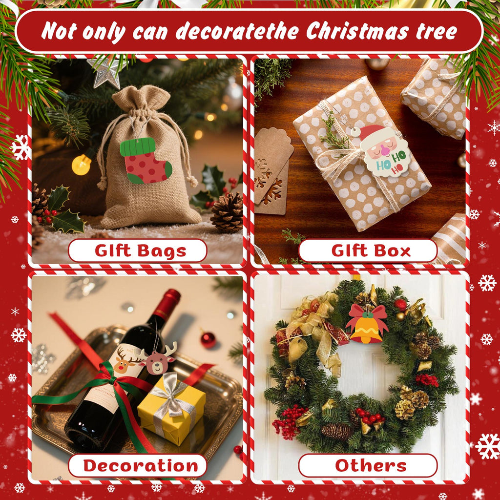 Collage of Christmas gift bags, box, and decorations with festive text and border.