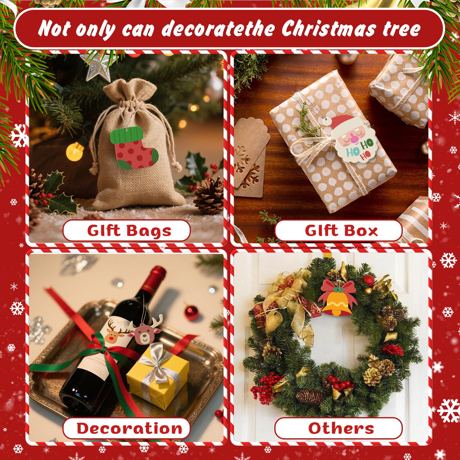 Collage de sacs-cadeaux de Noël, de boîtes et de décorations avec texte et bordure festifs.