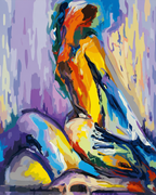 A seated female nude rendered in vivid yellow, blue, red and violet brushstrokes.