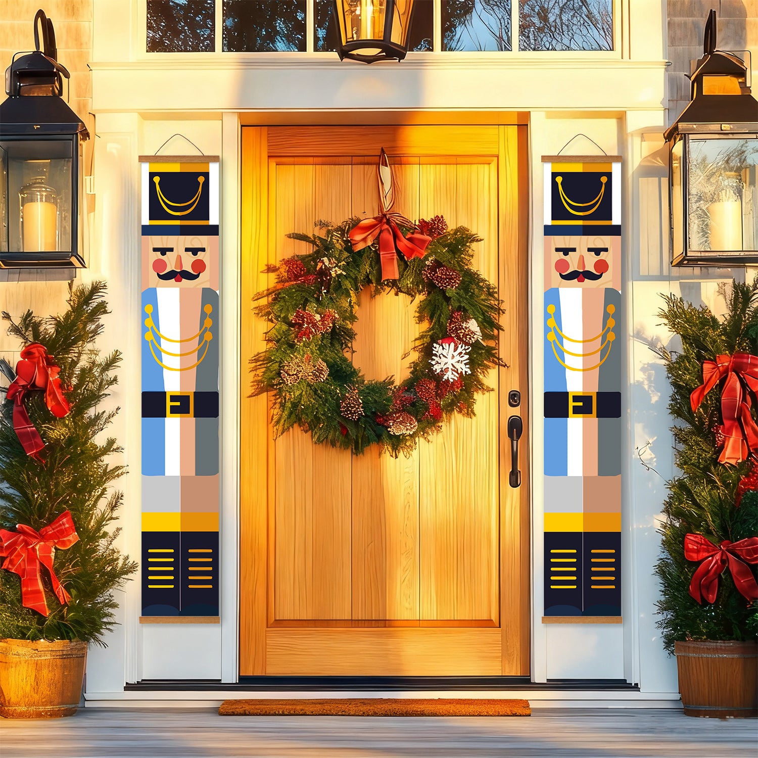 Decorative Christmas wreath on a wooden door with nutcrackers and potted trees on either side.