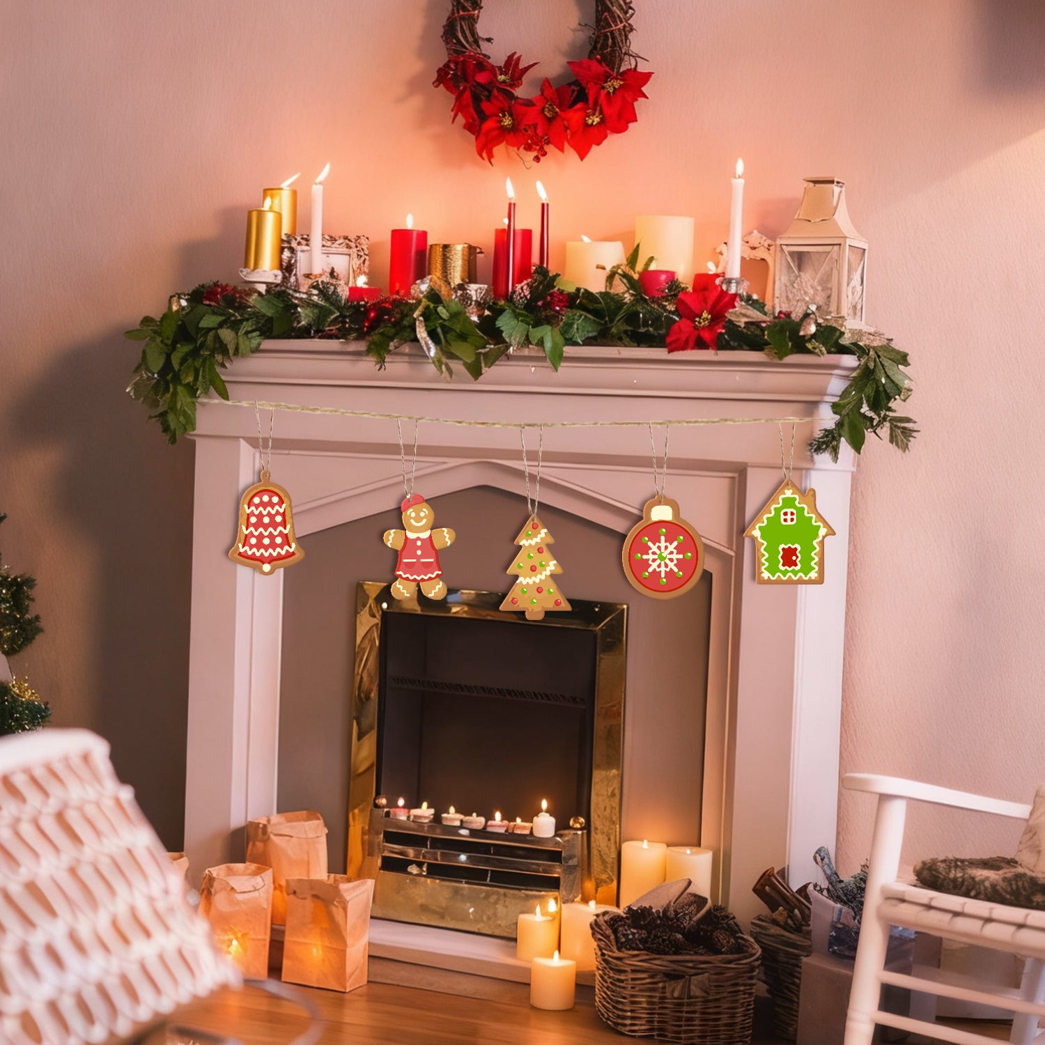 Decorated fireplace with Christmas lights, candles, and ornaments in a cozy room.