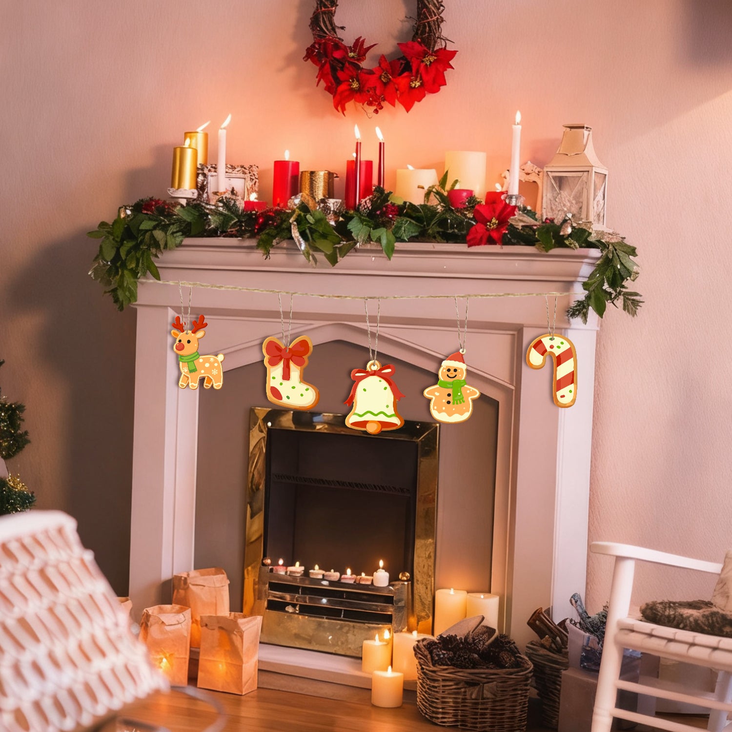 Decorated fireplace with Christmas mantel and hanging ornaments.