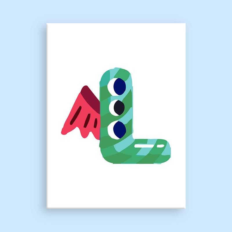Lettre colorée « L » sur fond blanc avec une bordure bleu clair