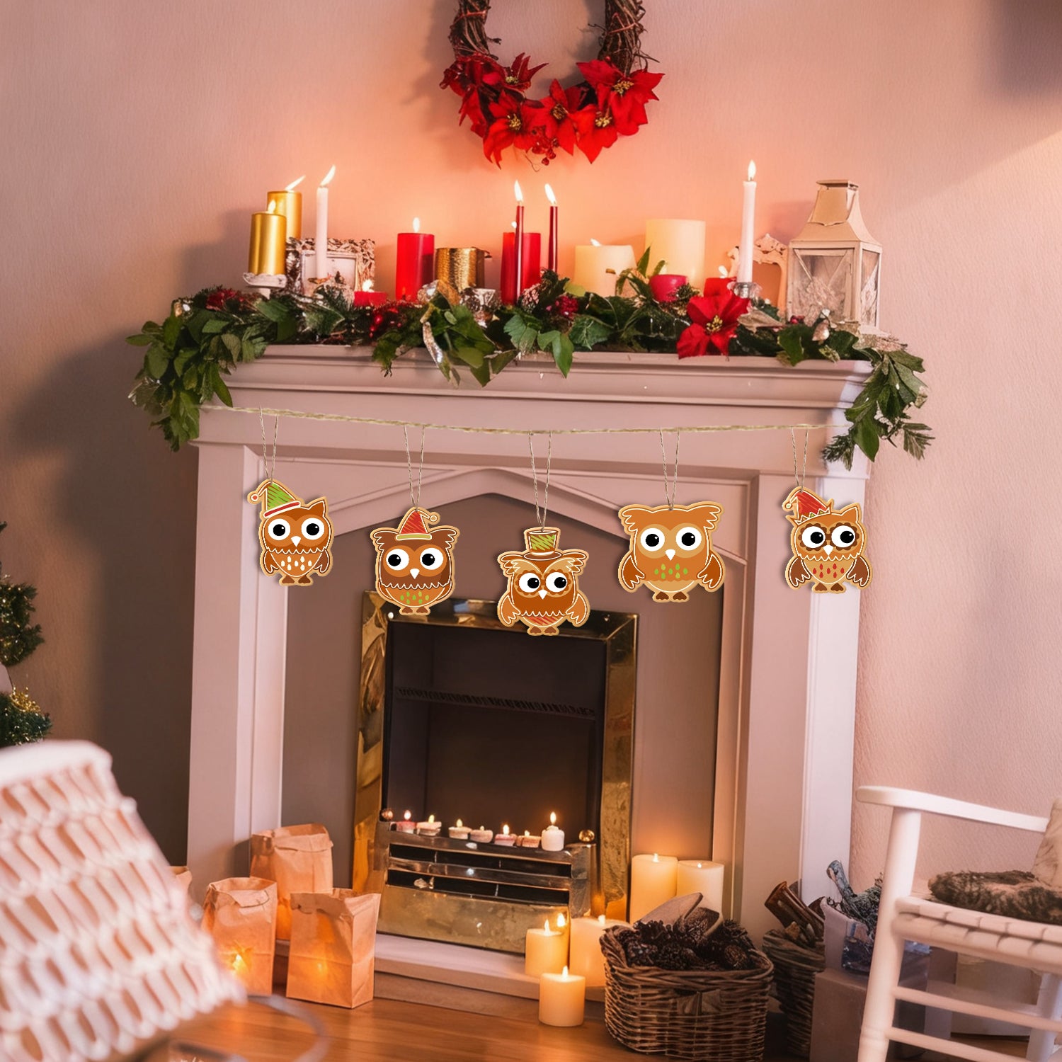 Decorative owls hanging above a fireplace with Christmas lights and wreath.