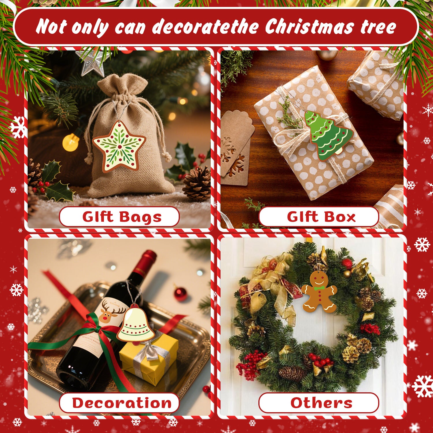 Collage of Christmas gift bags, box, and decorations with text on a red border.
