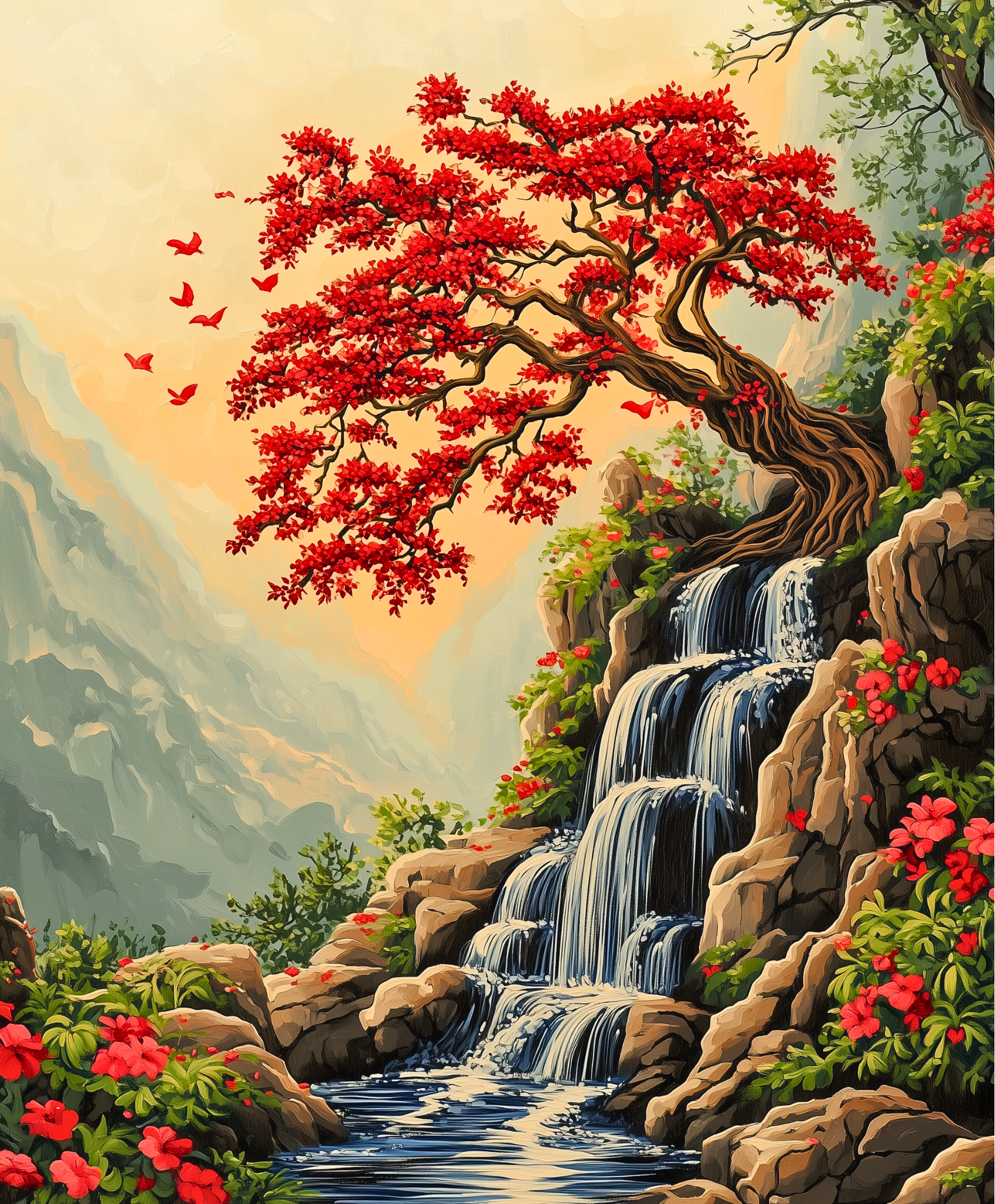 A paint-by-numbers kit depicting a vibrant mountain landscape with a cascading waterfall and a crimson tree.