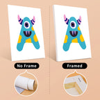 Illustration of a colorful monster letter 'A' with and without a frame on a beige background.