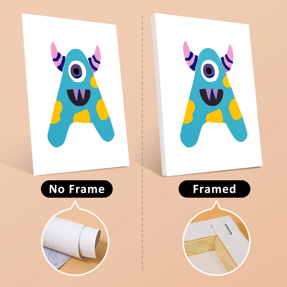 Illustration of a colorful monster letter 'A' with and without a frame on a beige background.