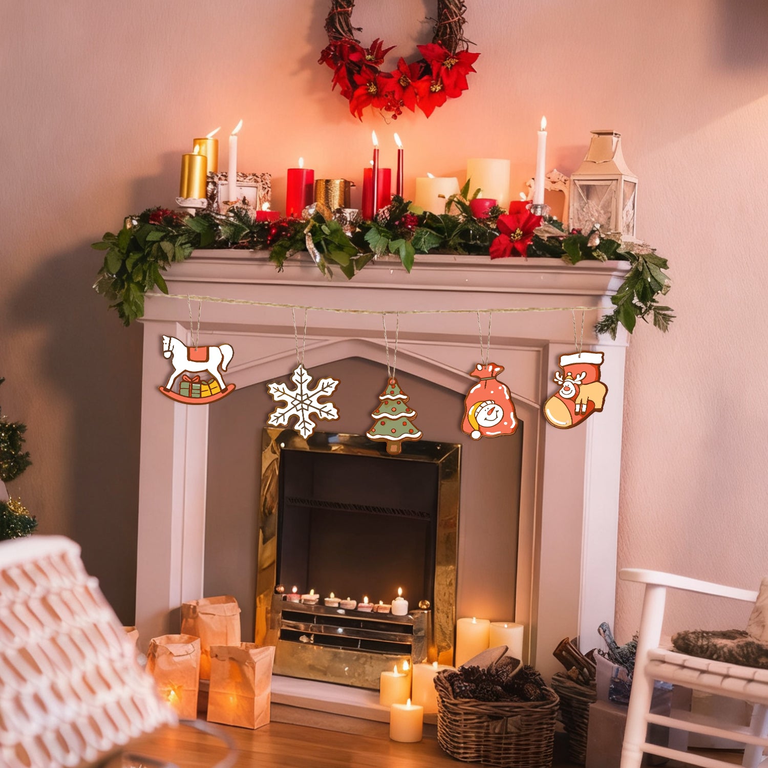 Decorated fireplace with Christmas mantel and decorations